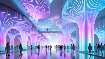  space where sound waves form architectural structures made of soft neon light