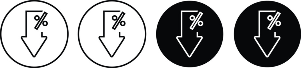 Percent down icons. Percentage decrease symbols. Sale reduction graphic design. Financial loss and discount signs
