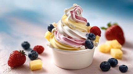 Swirled frozen yogurt in a cup, topped with blueberries, raspberries, pineapple chunks, and crunchy granola, creating a refreshing and healthy dessert option