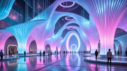 futuristic space where sound waves form architectural structures made of soft neon light