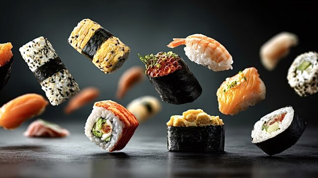 Assorted fresh sushi and maki rolls with salmon, shrimp, roe, and tamagoyaki creating a dynamic composition, highlighting the delicious variety of japanese cuisine and culinary art - Powered by Adobe