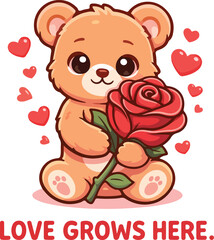 Obraz premium Cute cartoon teddy bear holding red rose with hearts around for valentine's day