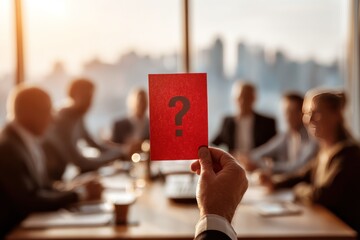Question Mark Card In A Business Meeting: Focus On Curiosity, Uncertainty, And Decision Making In A Modern Office Boardroom
