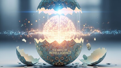 Digital wireframe brain emerging from cracked decorative egg, illuminated by glowing lines and energy, concept for artificial intelligence research, digital technology innovation and future science