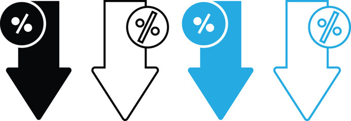 Percent down icons. Percentage decrease symbols. Sale reduction graphic design. Financial loss and discount signs
