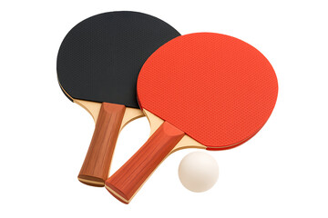 Table tennis rackets and white ball 3d render isolated on transparent background