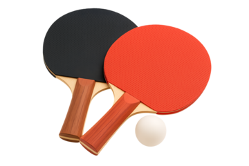 Table tennis rackets and white ball 3d render isolated on transparent background