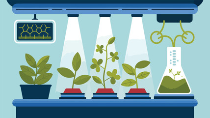 Laboratory plants growing under lamps with a monitor and a beaker for growth