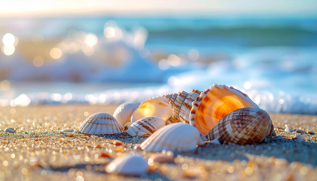 Seashells on shore, macro view, gentle waves on background, beach vacation concept, travel inspiration
