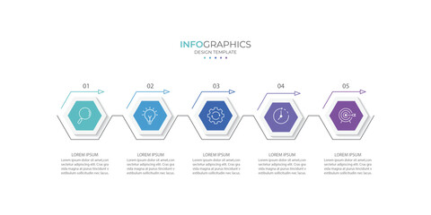 Business infographic design with 5 options. Vector thin line label with hexagons template.