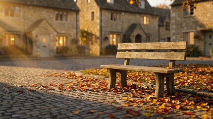 Rustic wooden bench on cobblestone village square with fallen autumn leaves. Stone cottages in warm sunset light. Peaceful rural european scenery for seasonal nature inspiration.