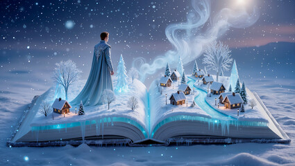 A man is standing on a book with a winter landscape on it