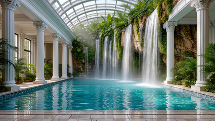 A swimming pool with a glass roof and columns and a naturally created waterfall.