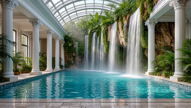 A swimming pool with a glass roof and columns and a naturally created waterfall.