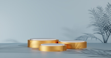 Empty gold and white podium for product display with tropical palm leaf shadows.