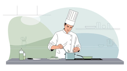 Professional chef meticulously preparing a gourmet meal in a modern kitchen, showcasing culinary expertise and dedication to the art of cooking and food creation