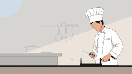 Illustration of a chef in uniform sharpening a knife in a kitchen setting