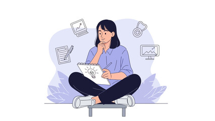 Young woman thinking with light bulb idea on clipboard, business concepts