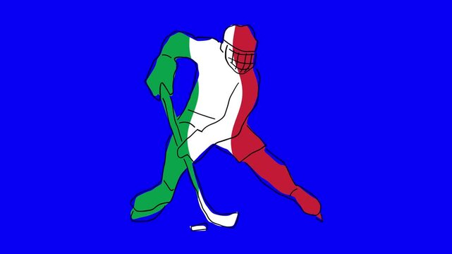 Loop able animation of hand drawn ice hockey silhouette for winter sport games in italy with flag waving colors