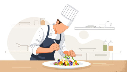 Chef meticulously garnishing a vibrant gourmet dish with fresh herbs and edible flowers, showcasing culinary artistry