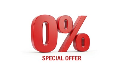0% zero percent special offer red 3d text isolated on white background. Zero commission or interest-free concept