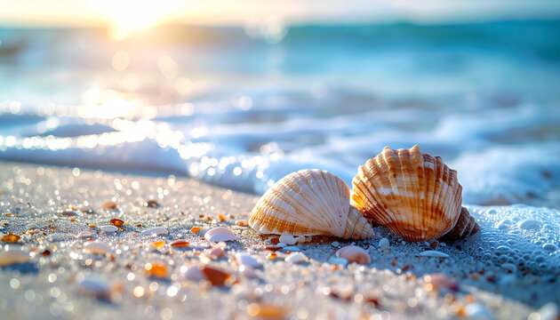 Seashells on shore, macro view, gentle waves on background, beach vacation concept, travel inspiration