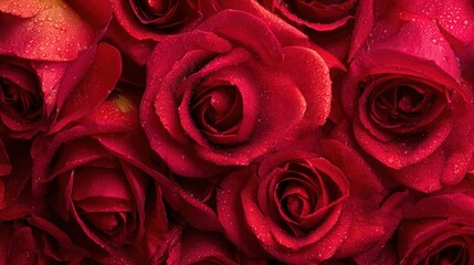 Close-Up Of Vibrant Red Roses With Dew Drops For Romantic, Luxurious Floral Stock Imagery