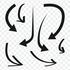 curved arrow Arrow icon set, arrow cursor, black curved arrow pointing down isolated on transparent background