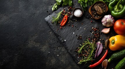 A selection of fresh vegetables herbs and spices is arranged on a dark stone surface in a kitchen. Red and yellow peppers tomatoes garlic and greens are included.