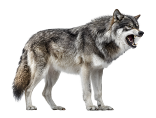 A gray wolf standing and growling with its mouth open