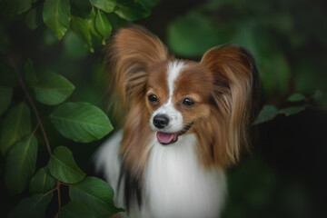 Papillon dog with distinctive ears and a beautiful coat peeks out from behind lush green leaves. The small dog looks happy and alert in the soft light
