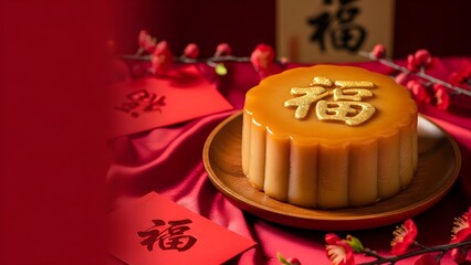 Delicious caramel-filled mooncake with golden Chinese character 'Fu' for festive celebrations