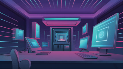 Futuristic computer workstation with multiple monitors and purple blue color scheme