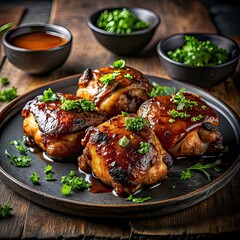 barbecue chicken thighs with crispy skin and sauce