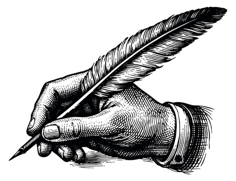 Engraving style line art illustration of a hand with a quill pen depicting writing for historical and literary themes