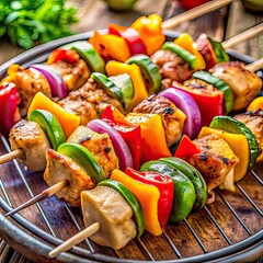 bbq chicken kebabs with colorful bell peppers 