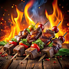 grilled beef kebabs with fire flame background
