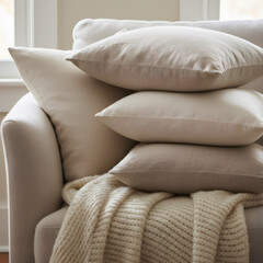 Stack of neutral pillows on sofa with cozy knitted blanket. Comfortable living room decor and home interior design for relaxation.