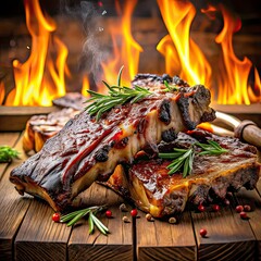 grilled beef ribs with smoky sauce fire flame bac