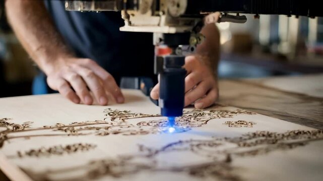 Medium shot of a skilled artisan using a laser engraving machine to create detailed patterns on a wooden chair backrest for custom furniture decoration.