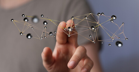 Abstract image of a hand touching a digital network or futuristic connection. Symbol of technology and connecti