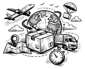 Hand drawn line art global logistics concept set featuring an airplane, a delivery truck, a package, and a globe for international shipping services