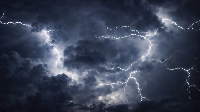 Powerful lightning bolts cutting through dark storm clouds in a night sky, capturing intense weather, atmospheric energy, and a severe thunderstorm.