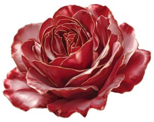 A vibrant red rose with delicate gold outlines on its petals, showcasing intricate detail and rich color against a white background.
