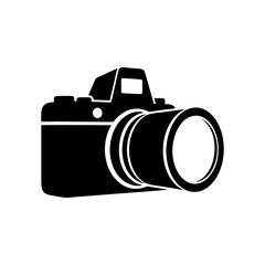 Black and white camera icon with lens on a pure