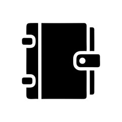 Black icon of a closed notebook with a strap and buckle