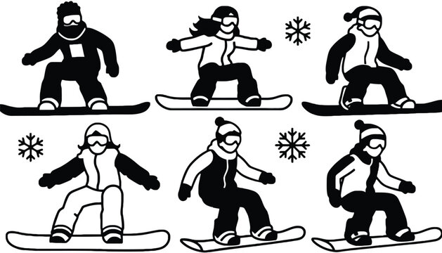 A group of cartoon snowboarders in various poses on a white background with snowflakes