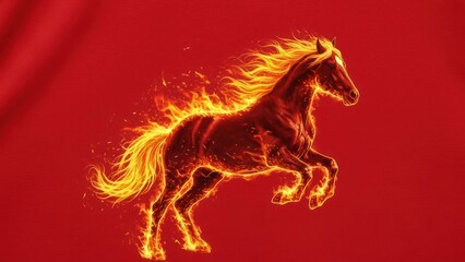 Fierce fire horse emerging from flames, dramatic motion, intense lighting, cinematic illustration, strong contrast for red fabric, streetwear t shirt design, ultra high resolution, no text,flat t shir