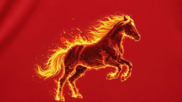 Fierce fire horse emerging from flames, dramatic motion, intense lighting, cinematic illustration, strong contrast for red fabric, streetwear t shirt design, ultra high resolution, no text,flat t shir