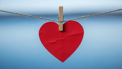 Red paper heart hanging on clothesline